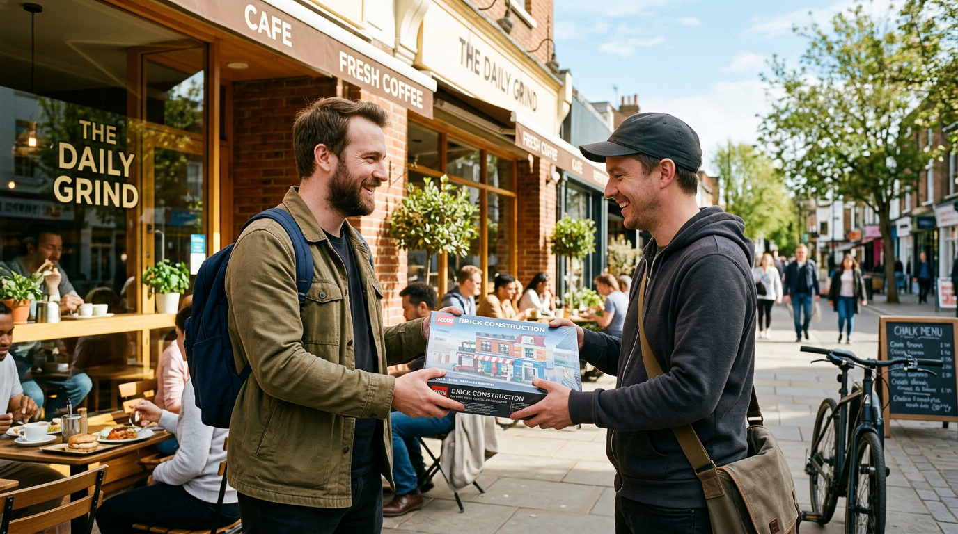 Two collectors meeting outside a coffee shop to exchange a sealed brick set